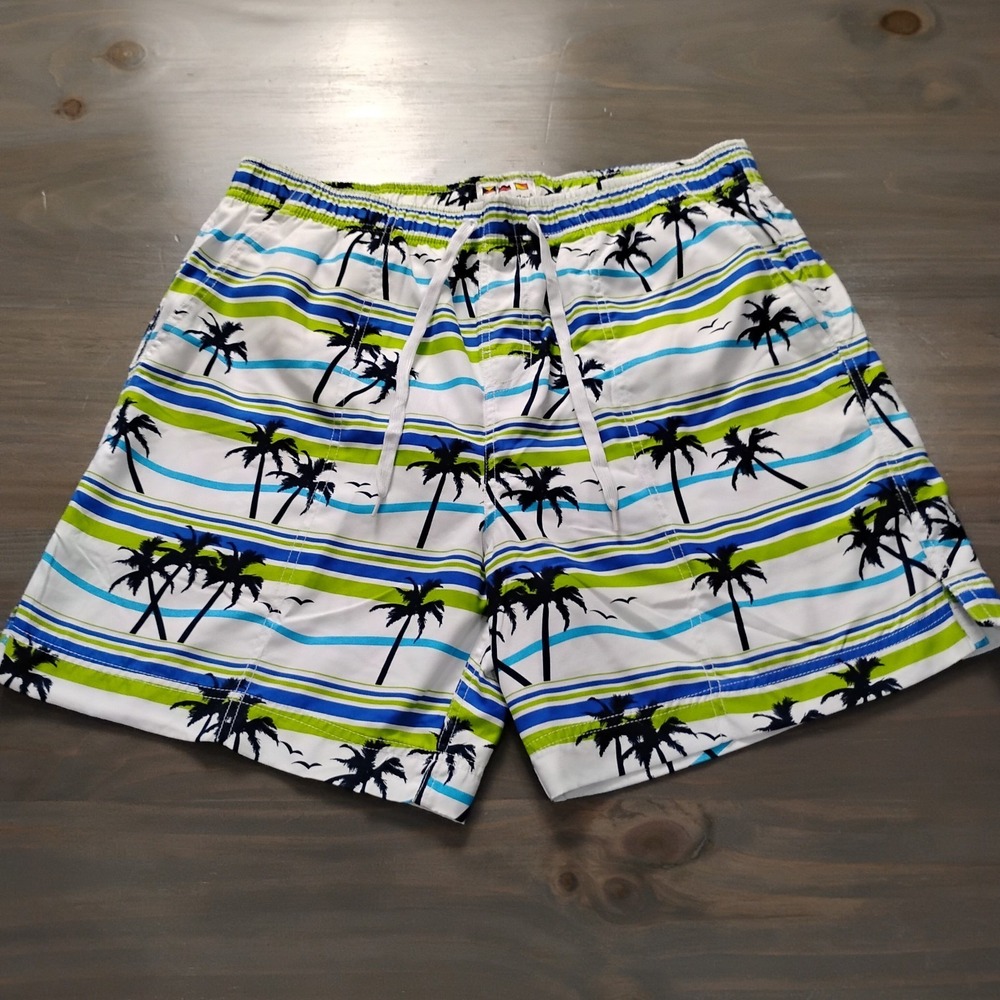 Weekender Swim Trunks Mens L White Multi Stripes Palm Elastic Waist Lined Beach